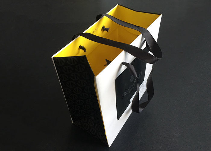 Ribbon Handle Gift Dicetak Paper Bags Carry White Black Inside Yellow Greaseproof pemasok